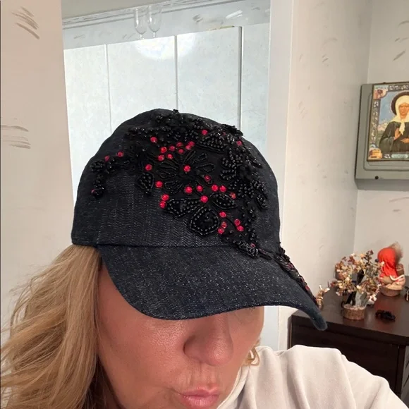 Elegant Black Cap with Red Embellishments , New